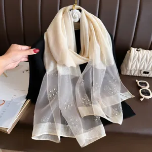 Women Long Scarf Polyester Scarf Hotfix Rhinestone Artificial Pearl Clover Design Ethnic Style Daily Travel Headscarf