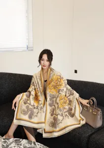 Winter thick jacquard shawl scarf for women, warm floral patterned cape, detail view.