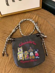 Grey canvas drawstring shoulder bag with cute embroidered dogs and thick rope strap for daily use.