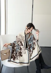 Detailed view of the women's jacquard reversible winter shawl scarf with vintage floral design.