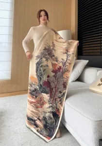 Stylish autumn winter Chinese landscape jacquard scarf warm thick cashmere feel shawl wrap