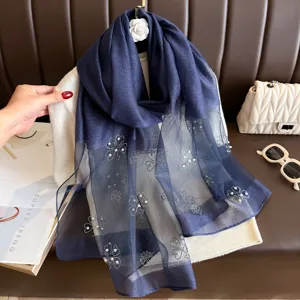 Autumn new dark blue long scarf with pearl rhinestone clover pattern, elegant women fashion wrap.
