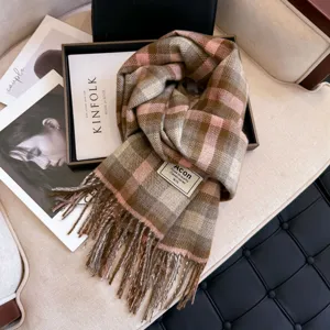 Cozy brown pink plaid tassel scarf, thick warm winter fashion shawl for women and daily wear.