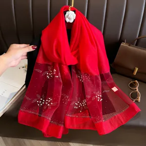 Elegant red organza pearl shawl for women, long fashion scarf for travel and beach sun protection.