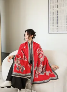 Winter red floral jacquard oversized shawl wrap for women warm thick casual fashion scarf