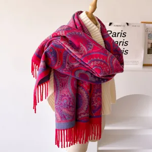 Winter warm women paisley jacquard scarf fringe thick cashmere feel cozy wrap shawl neckerchief