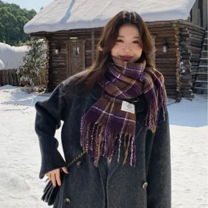 Korean style plaid scarf women autumn winter cozy tassel shawl warm thick winter neck wrap