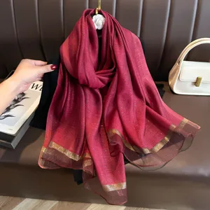 Wine red imitation silk scarf women thin long shawl luxury shimmer beach wrap sun protection
