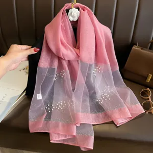 Women Fashion Sun Protection Long Shawl Imitation Silk Organza Scarf With Pearl And Rhinestone Beach Towel