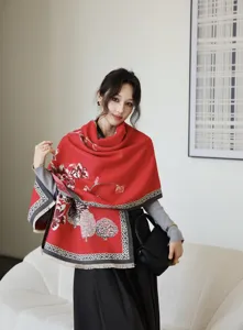 Winter thick double-sided jacquard scarf and shawl, elegant red and grey floral design.