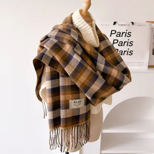 Brown plaid winter scarf with tassels, warm and cozy retro design for women and girls daily wear.