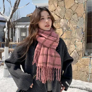 Korean style winter pink plaid scarf with tassels, thick warm casual shawl for women.