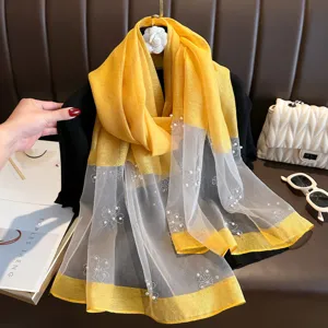 Autumn new polyester long scarf with pearl rhinestones, elegant yellow and white design.