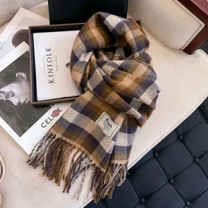 Retro plaid fringed thick warm winter scarf shawl for women, soft cozy vintage blanket wrap.