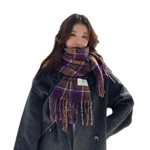 Korean style plaid scarf for women autumn winter cozy fringe shawl warm thick casual winter neckwear