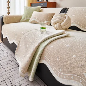 Cooling Silk Summer Sofa Mat Anti-Slip Starry Sky Pattern Scalloped Edge Slipcover Fresh Style Cooling Furniture Protector For Sectional Sofa Living Room Home