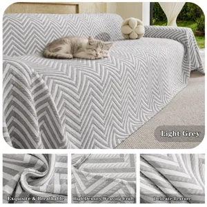 Nordic chevron sofa cover in light grey, breathable high-density woven textile blanket.