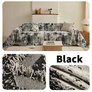 Amerikaanse stijl chenille bankhoes in zwart-wit met abstract patroon en mooie franjes.