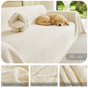 Nordic solid color sofa cover breathable chevron weave couch blanket protector in beige color