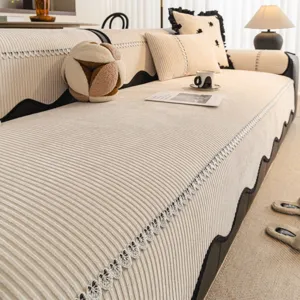 Chenille Striped Sofa Cushion Universal Anti-Slip Sofa Cover With Lace Wavy Edge One-Piece Sectional Slipcover For Living Room Home Decor