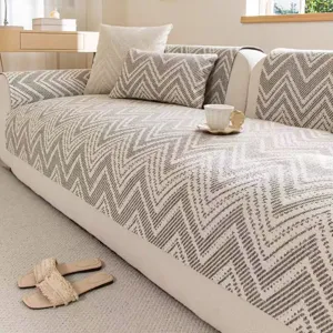 Japanese style cotton linen straight sofa cover detail view showing chevron textured fabric.