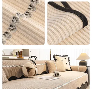 Detailed view of the universal sofa cushion with elegant embroidered lace trim and ribbed fabric.