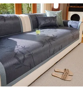Summer cooling ice silk rattan sofa cover, straight design with Chinese bamboo pattern.