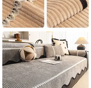 Four season universal sofa cushion cover with elegant ribbed fabric and lace trim anti slip.