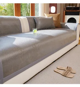 Detail shot of the cooling ice silk rattan sofa cushion in gray bamboo texture for cozy living.