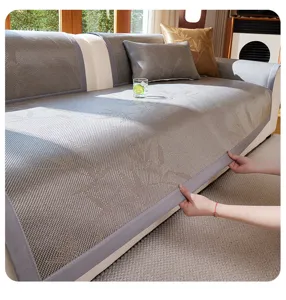 Summer cooling ice silk rattan sofa cushion anti-slip bamboo pattern stylish grey cover