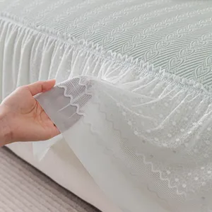 Summer cooling knitted sofa cushion cover with elegant white lace ruffled skirt edge