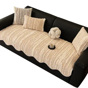 Copridivano Moderno in Pile Sherpa a Righe Cuscino Antiscivolo Texture Jacquard Tappetino per Divano Universale Protezione per Soggiorno