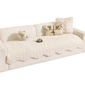 Modern European Plush Sofa Cushion Solid Color Non-Slip Wear-Resistant Wave Scalloped Edge Flocked Home Living Room Decorative Couch Mat Cover