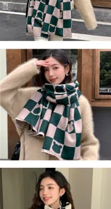 Winter warm imitation cashmere scarf with cute bear checkered pattern for women daily wear.