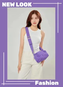 Stylish women knitted padded crossbody bag casual fashion shoulder bag with wide strap purple