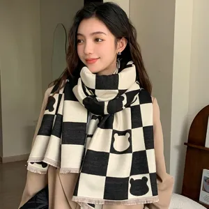 Winter Warm Imitation Cashmere Scarf Women Cute Dog Bear Pattern Thickened Shawl Plaid Fashion Neck Scarf