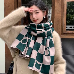 Cozy winter thick cashmere-feel scarf with green plaid and cute bear pattern for women.