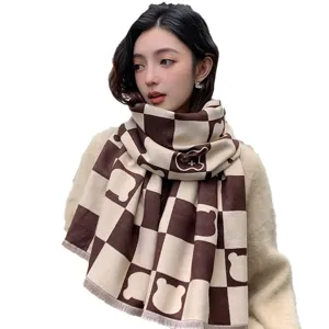Winter warm imitation cashmere scarf with brown white check and cute bear pattern for women.