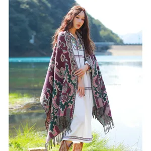 Ethischer Damen Winterschal, dicker warmer Fransen Umhang, Reise Foto Outfit, gemütlicher Schal.