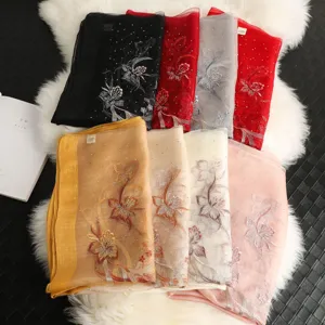 Women mulberry silk wool blend scarf with hand embroidery rhinestone detail, elegant fashion shawl.