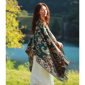 Damen ethno stil vintage blumen muster quasten schal warm dick winter reise cape tuch