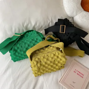 Candy color knit crossbody bag, casual knitted shoulder bag with wide strap, daily commute style.