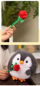 Cute plush penguin holding a rose toy, soft stuffed animal doll for girls and kids birthday gifts.