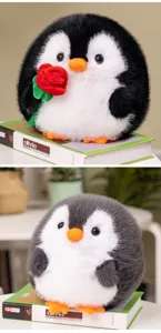 Cute round penguin plush toy with rose, soft stuffed animal doll for kids and girls birthday gifts.