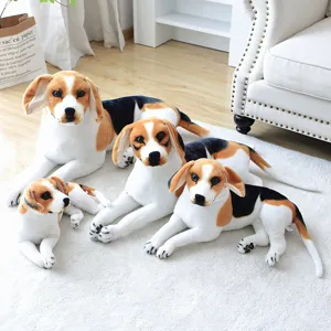 Detail view of cute plush beagle dog stuffed animal toys set, cozy home decor setup.