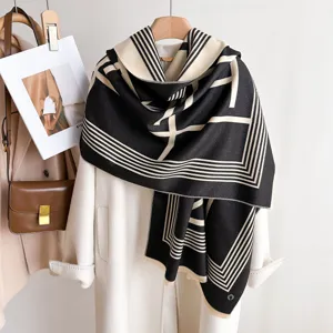 Damen dicke Kunstkaschmir Schal schwarz weiß geometrisches Muster elegante Winter Warme Schal