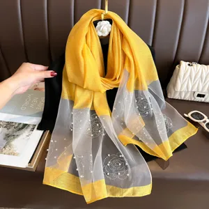 Écharpe en soie transparente jaune avec motif floral perlé strass élégant châle femme