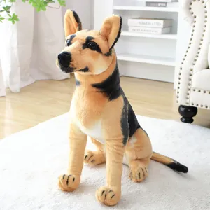 Detailed view of a realistic German Shepherd plush toy, soft stuffed animal dog figurine.