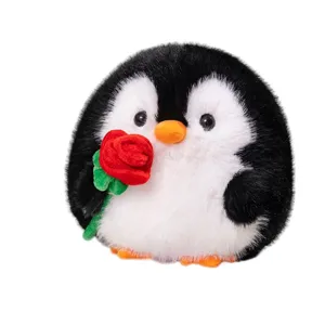 Cute round penguin plush toy holding red rose soft stuffed doll for kids and girls birthday gift