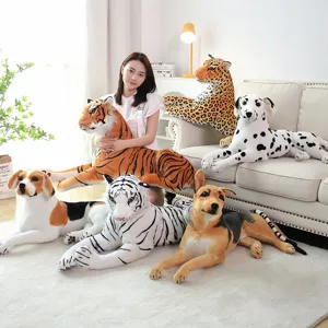 Detailed scene displaying large realistic plush animal toys like tigers and dogs in a cozy room.